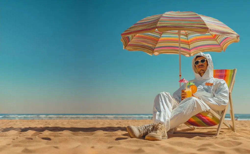Teaser Urlaubsbild Ein Mann in Schutzoverall in einem Liegestuhl unter einem Sonnenschirm
