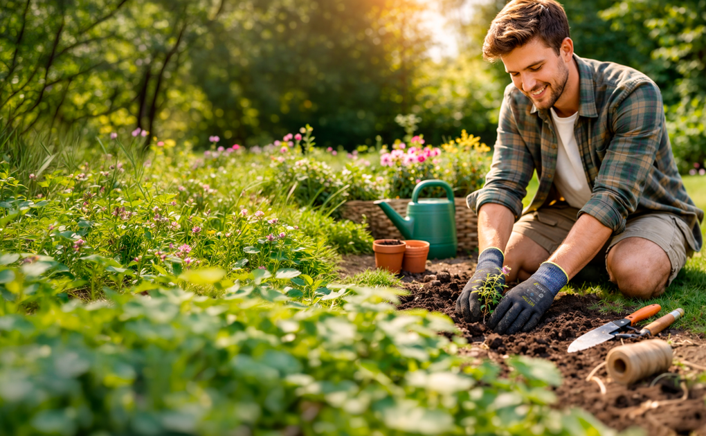 Mann im Garten mit Asatex Handschuh HIT099
