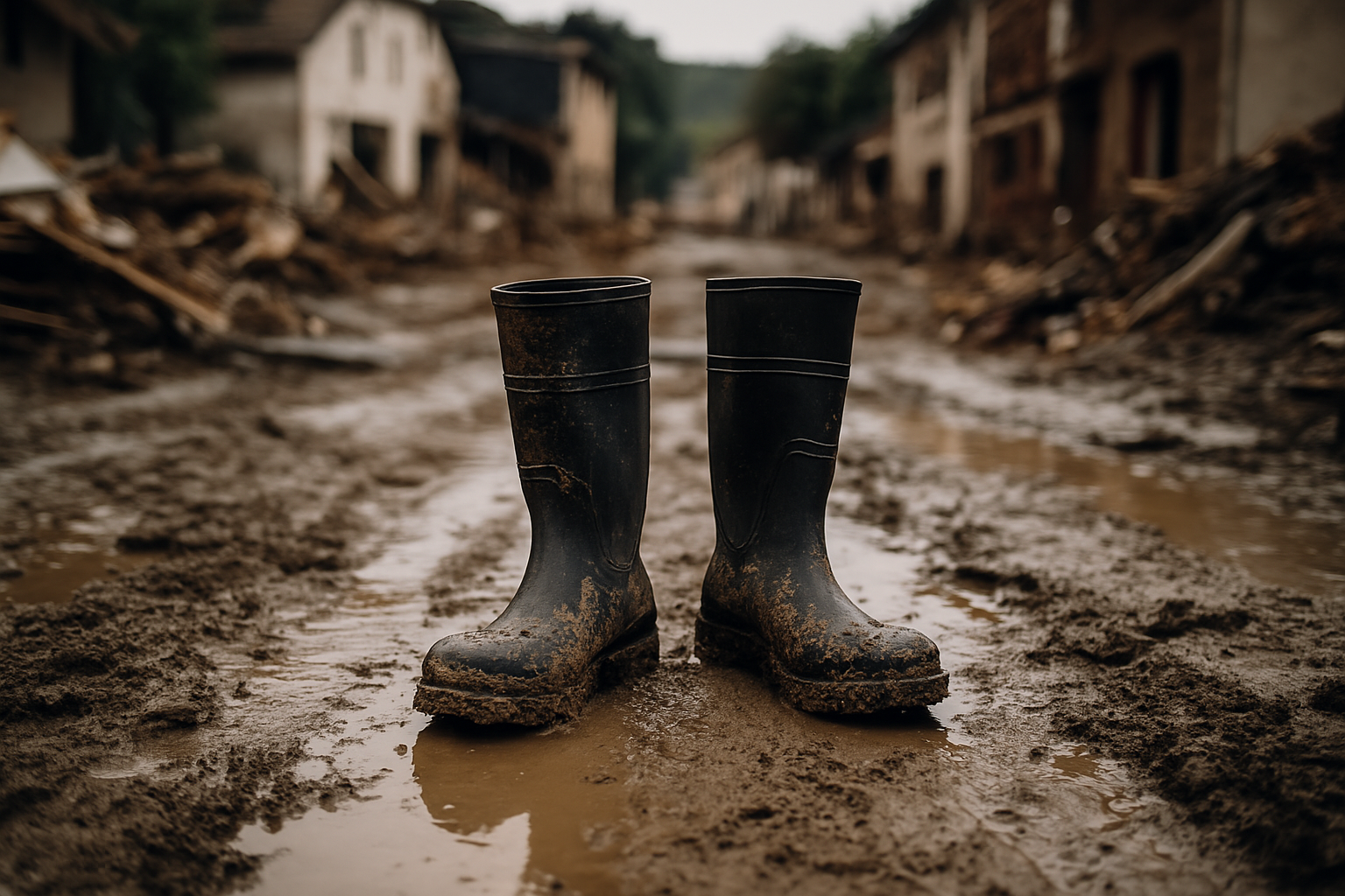 Ein einsames Paar Gummistiefel steht in einer schlammbedeckten Strasse die durch eine Flutkatastrophe zerstört wurde. Ein einsames Paar Gummistiefel steht in einer schlammbedeckten Strasse die durch eine Flutkatastrophe zerstört wurde.