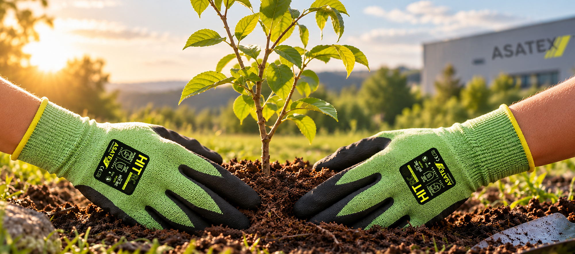 Los guantes ASATEX plantan un árbol joven