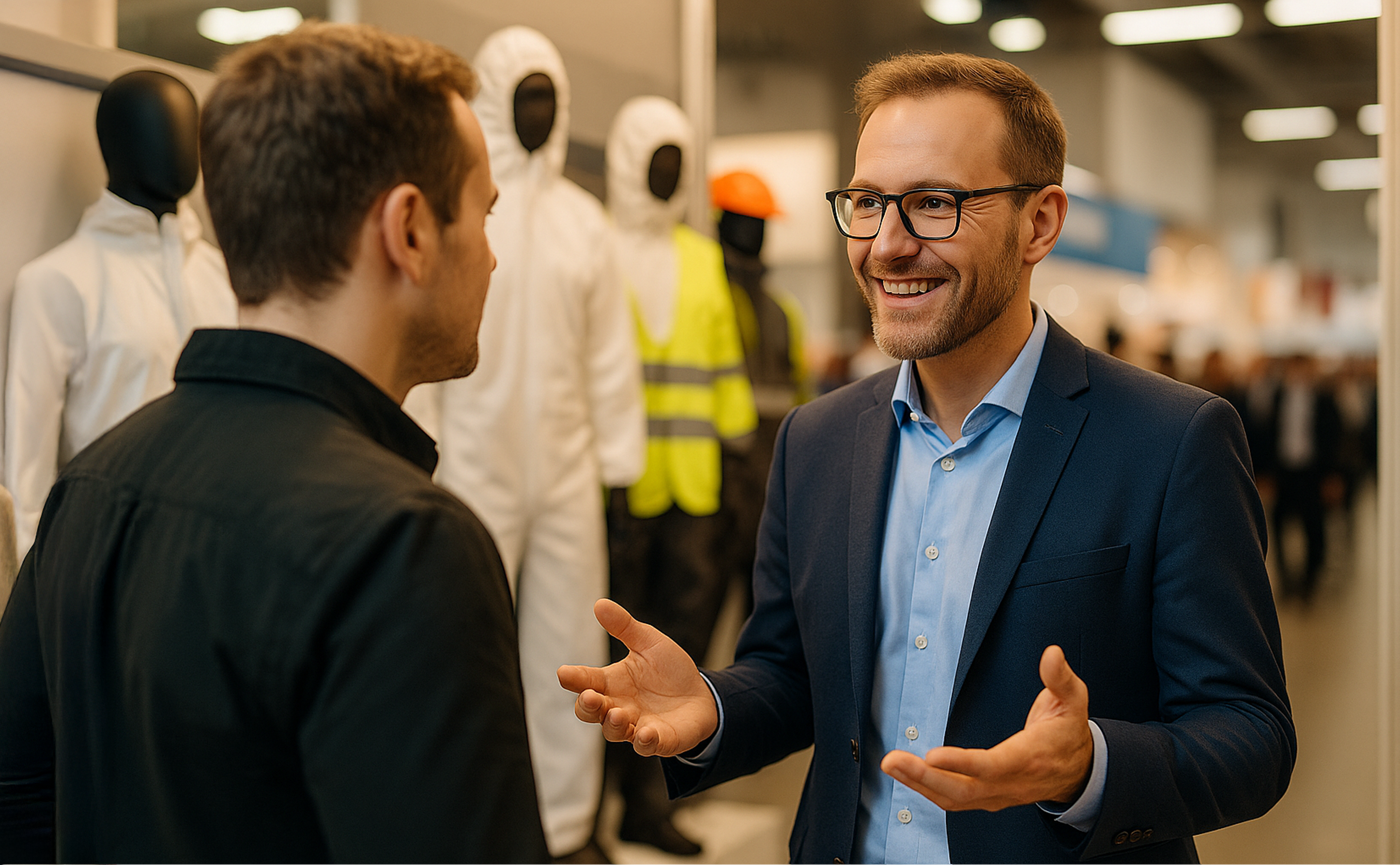 Un vendeur parle à un client potentiel sur un stand de salon
